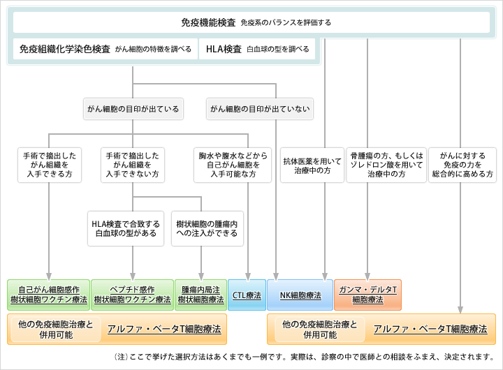 【免疫細胞治療の選択・個別化の試み】（注）ここで挙げた選択チャートはあくまで一例です。実際は診察の中で医師との相談を踏まえ決定されます