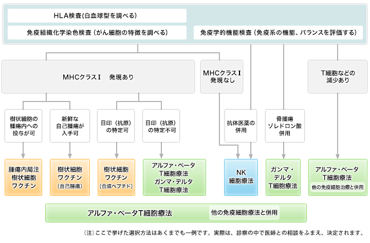 【免疫細胞治療の選択・個別化の試み】(注)ここで挙げた選択チャートはあくまで一例です。実際は診察の中で医師との相談を踏まえ決定されます